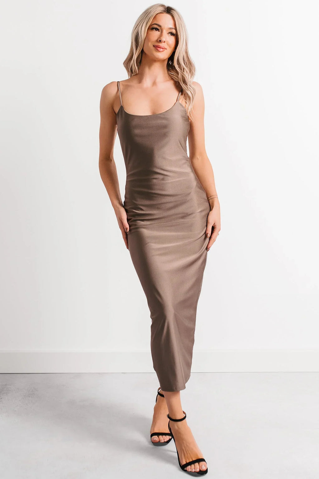 Almost Everyday Glossy Midi Dress (Taupe)