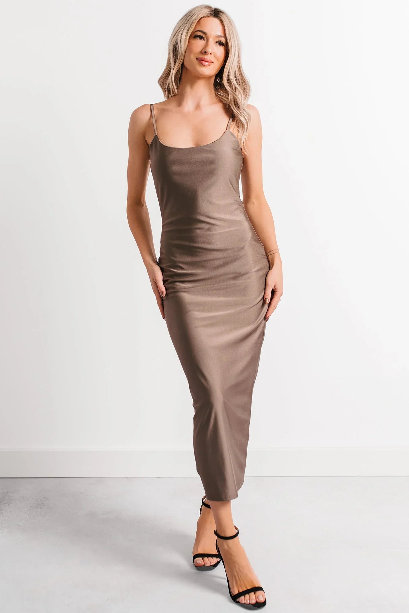 Almost Everyday Glossy Midi Dress (Taupe)