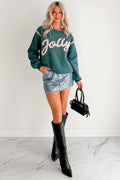 "Jolly" Fleece Embroidery Sweater (Hunter Green)
