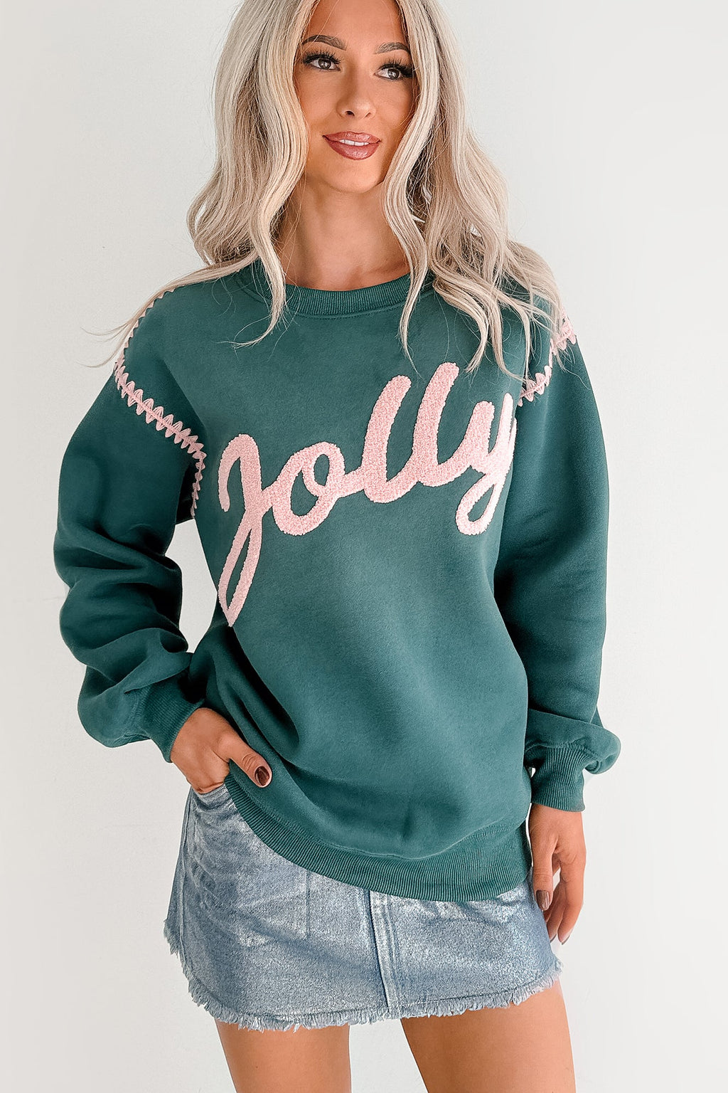 "Jolly" Fleece Embroidery Sweater (Hunter Green)