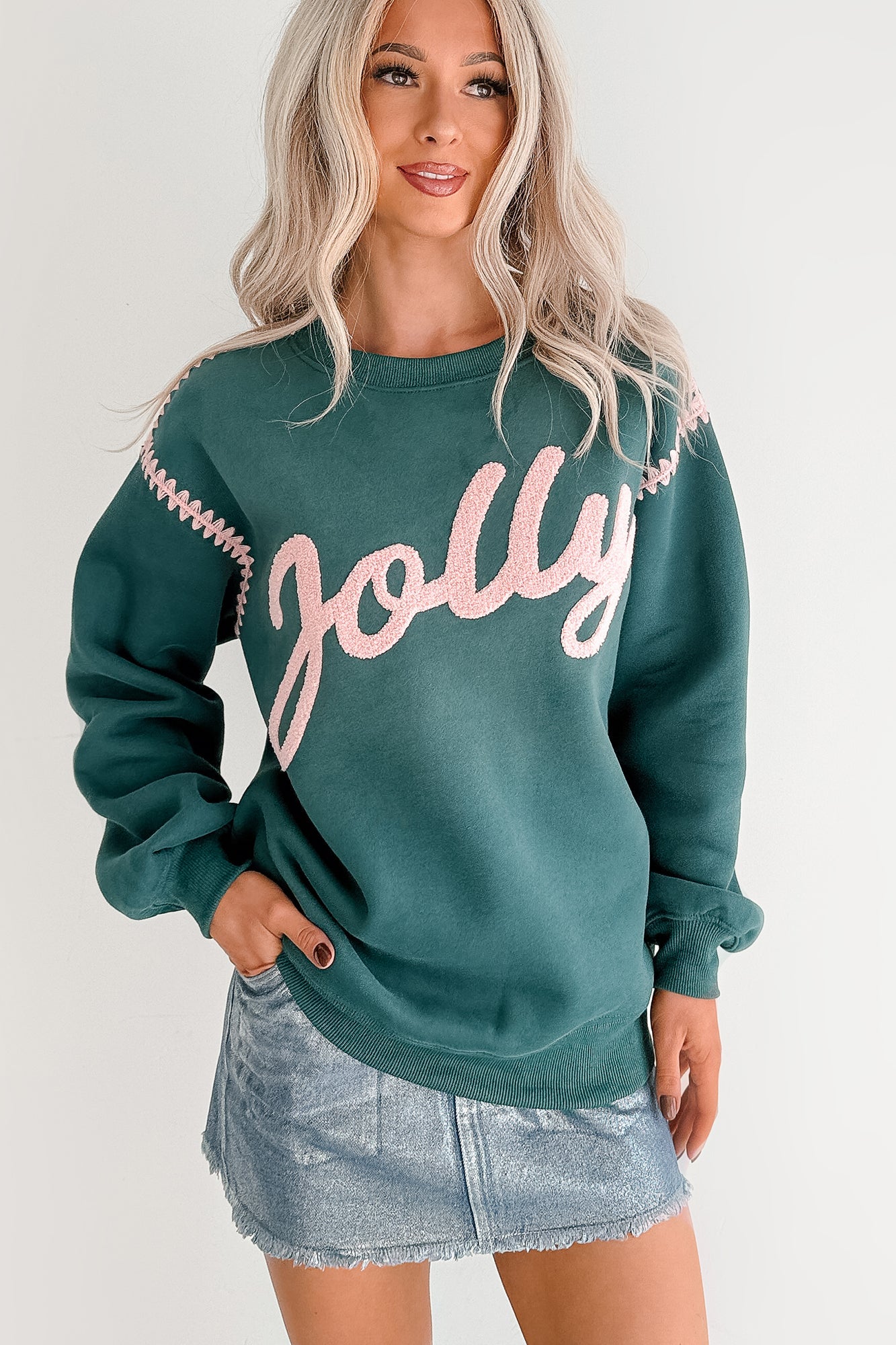 "Jolly" Fleece Embroidery Sweater (Hunter Green)