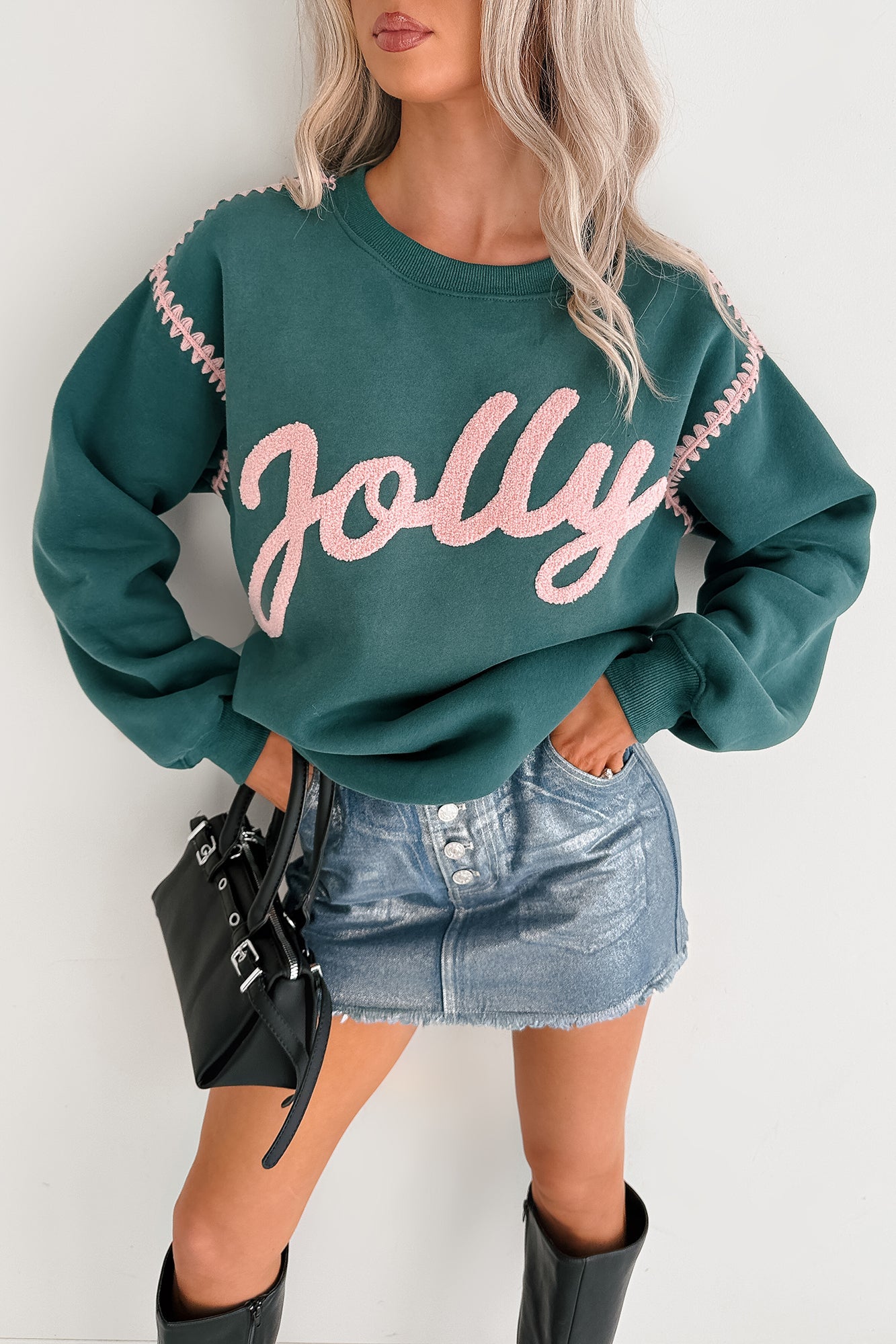 "Jolly" Fleece Embroidery Sweater (Hunter Green)