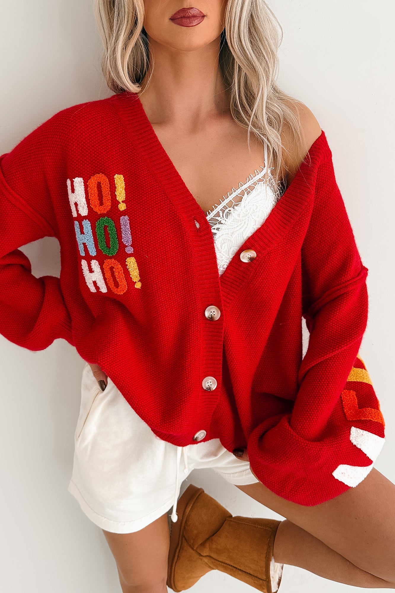 "Ho Ho Ho" Mello Christmas Patch Cardigan (Red)