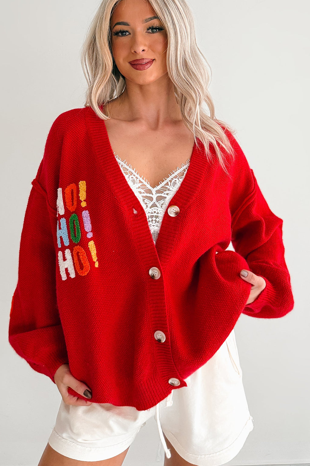 "Ho Ho Ho" Mello Christmas Patch Cardigan (Red)