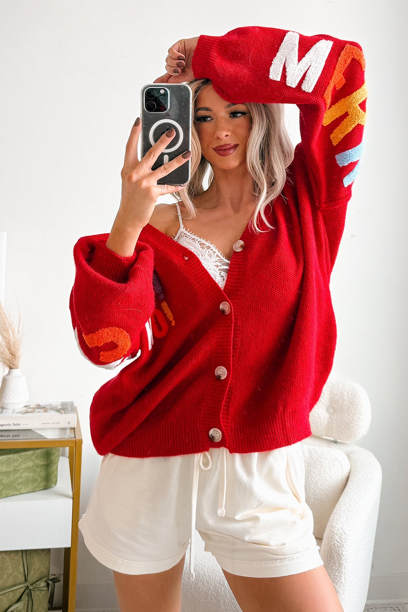 "Ho Ho Ho" Mello Christmas Patch Cardigan (Red)