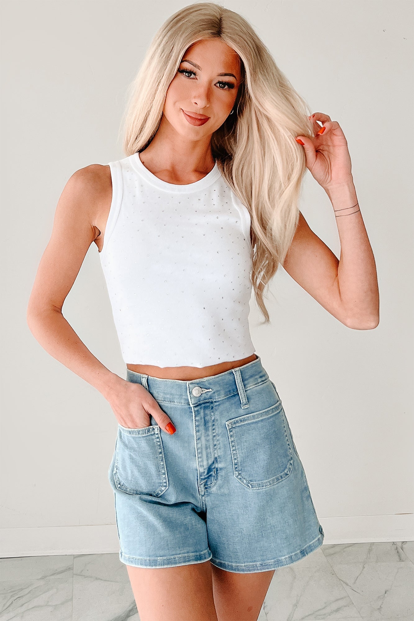 Be My Baby Ribbed Rhinestone Tank Top (White)