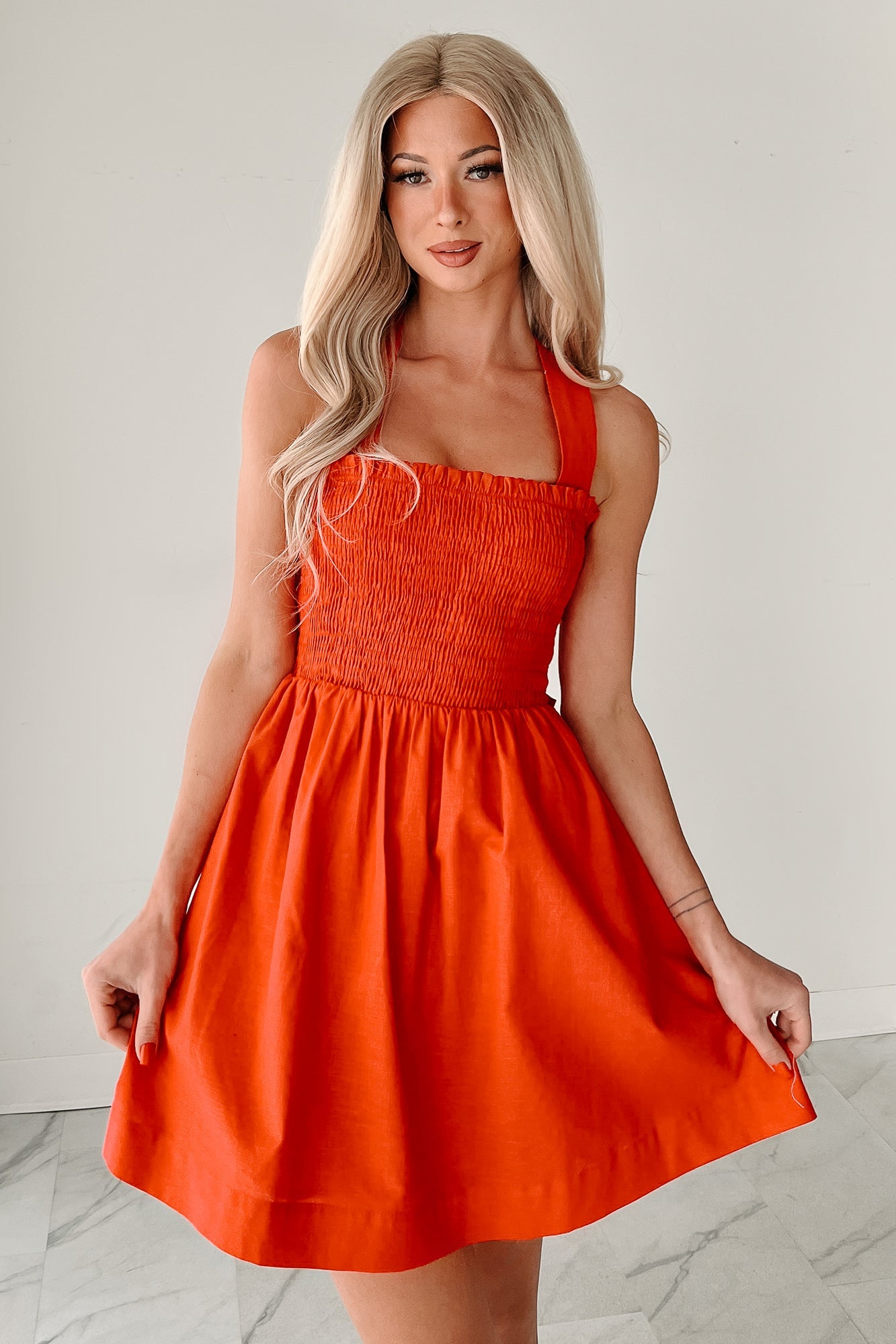 Across The Room Smocked Mini Tie Dress (Tomato)