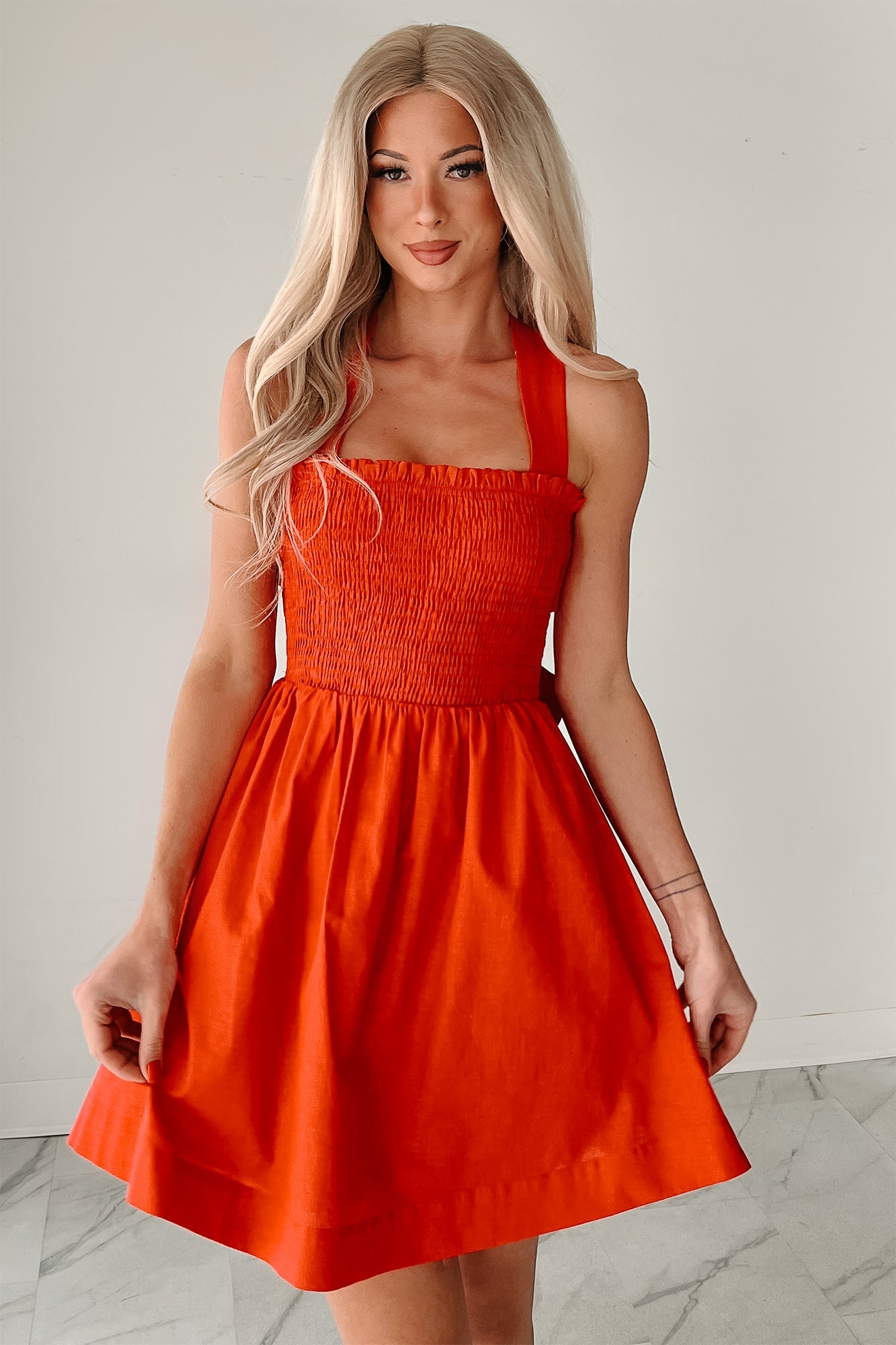Across The Room Smocked Mini Tie Dress (Tomato)