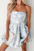 Hot & Bubbly Strapless Floral Mini Dress (Cream/Blue)