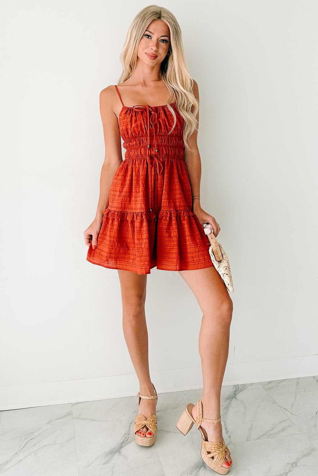 Deeply In Love Striped Ruffle Tier Mini Dress (Brick)