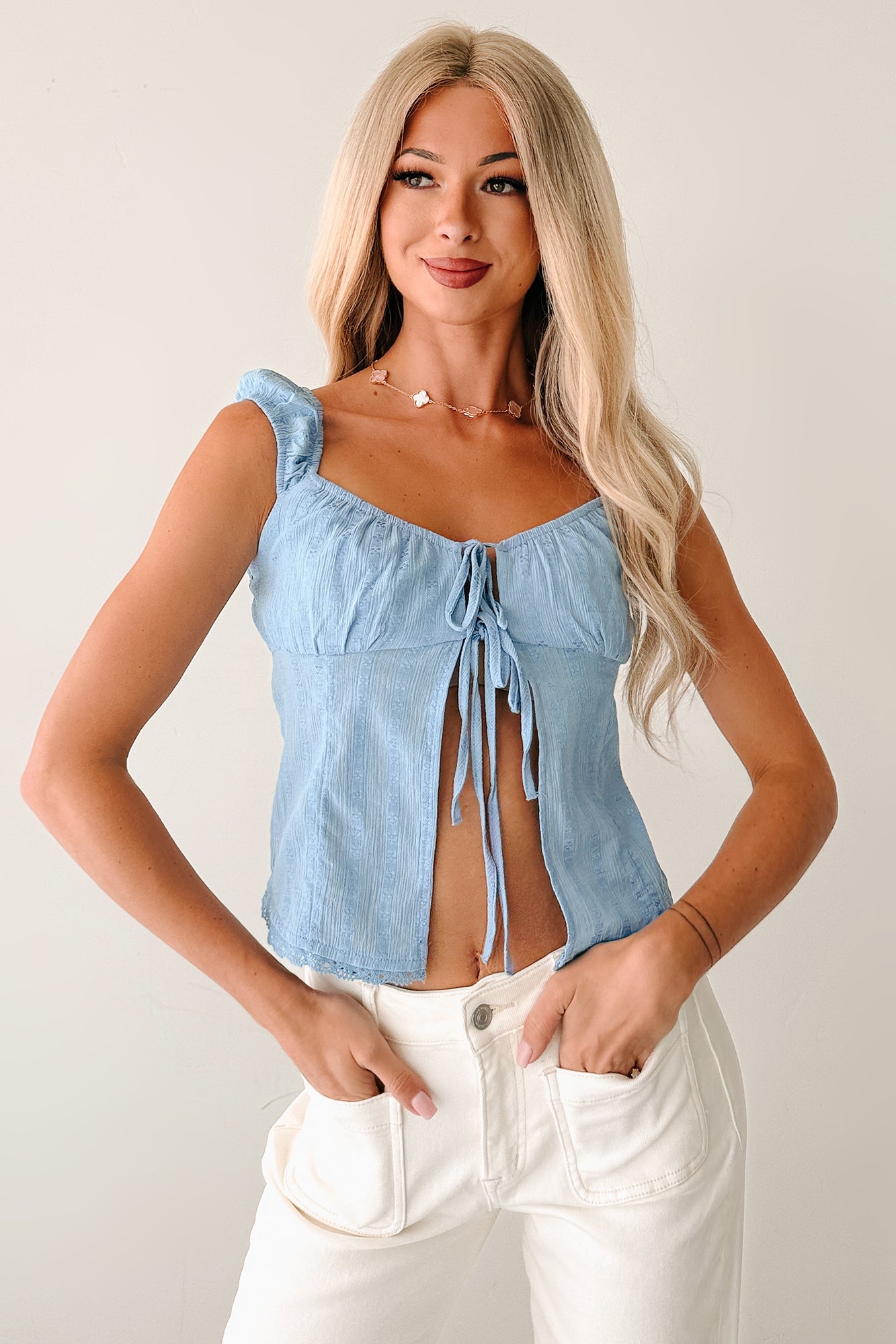 Feel The Rush Floral Tie-Front Top (Light Blue)