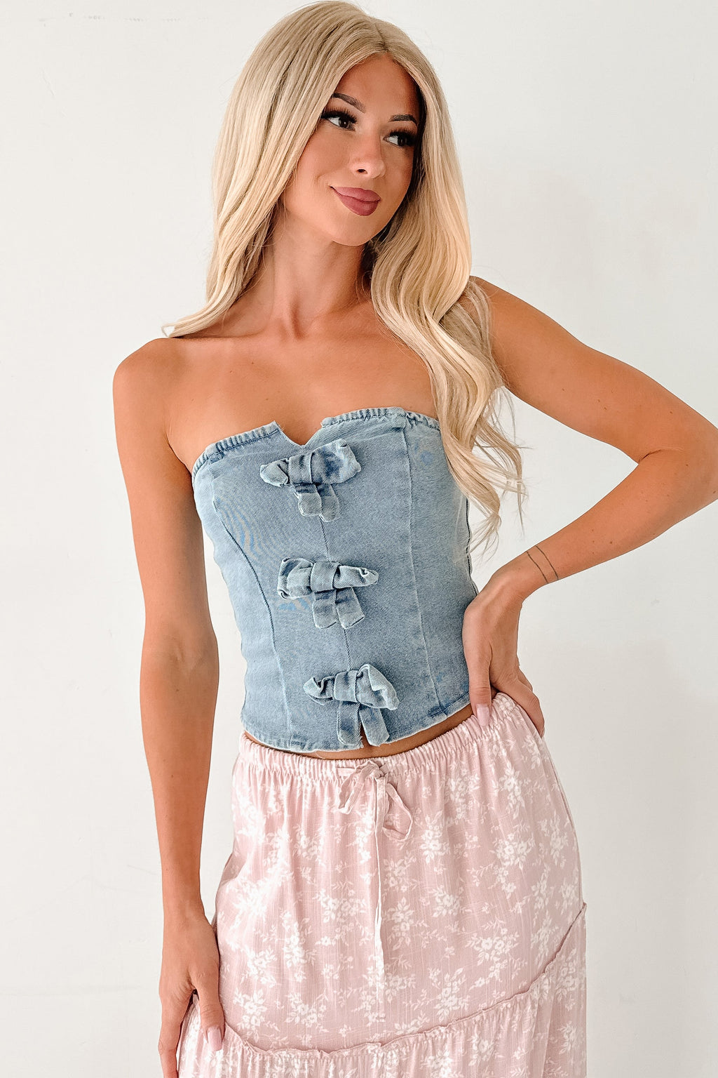 Back To Strangers Denim Bow Front Corset Top (Light Wash)