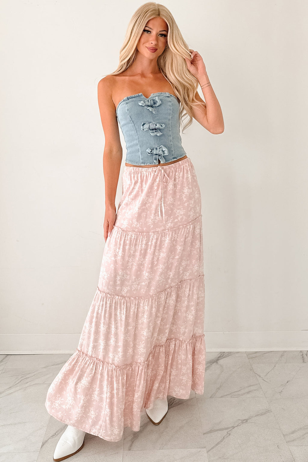 Back To Strangers Denim Bow Front Corset Top (Light Wash)