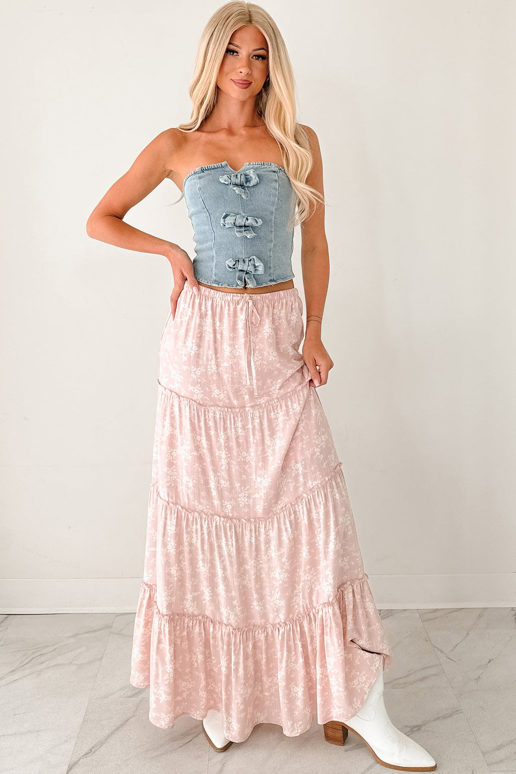 Back To Strangers Denim Bow Front Corset Top (Light Wash)