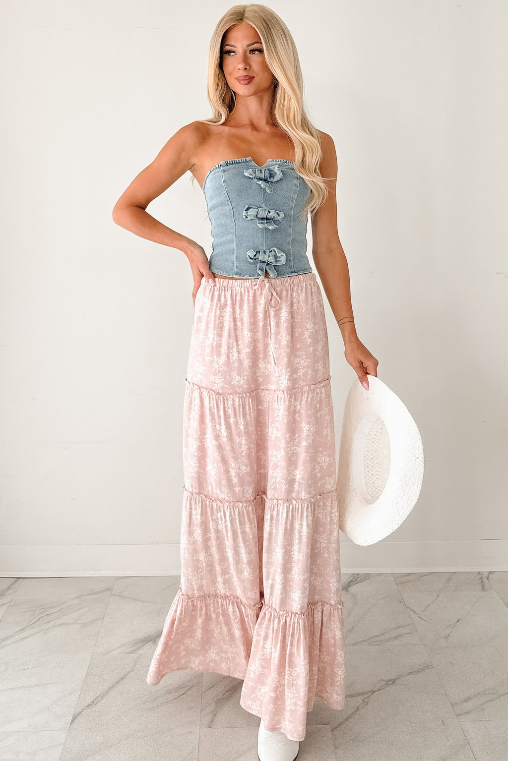 Back To Strangers Denim Bow Front Corset Top (Light Wash)