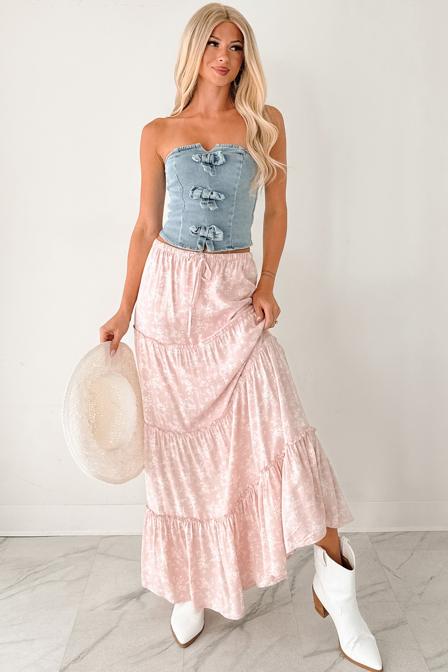 Back To Strangers Denim Bow Front Corset Top (Light Wash)