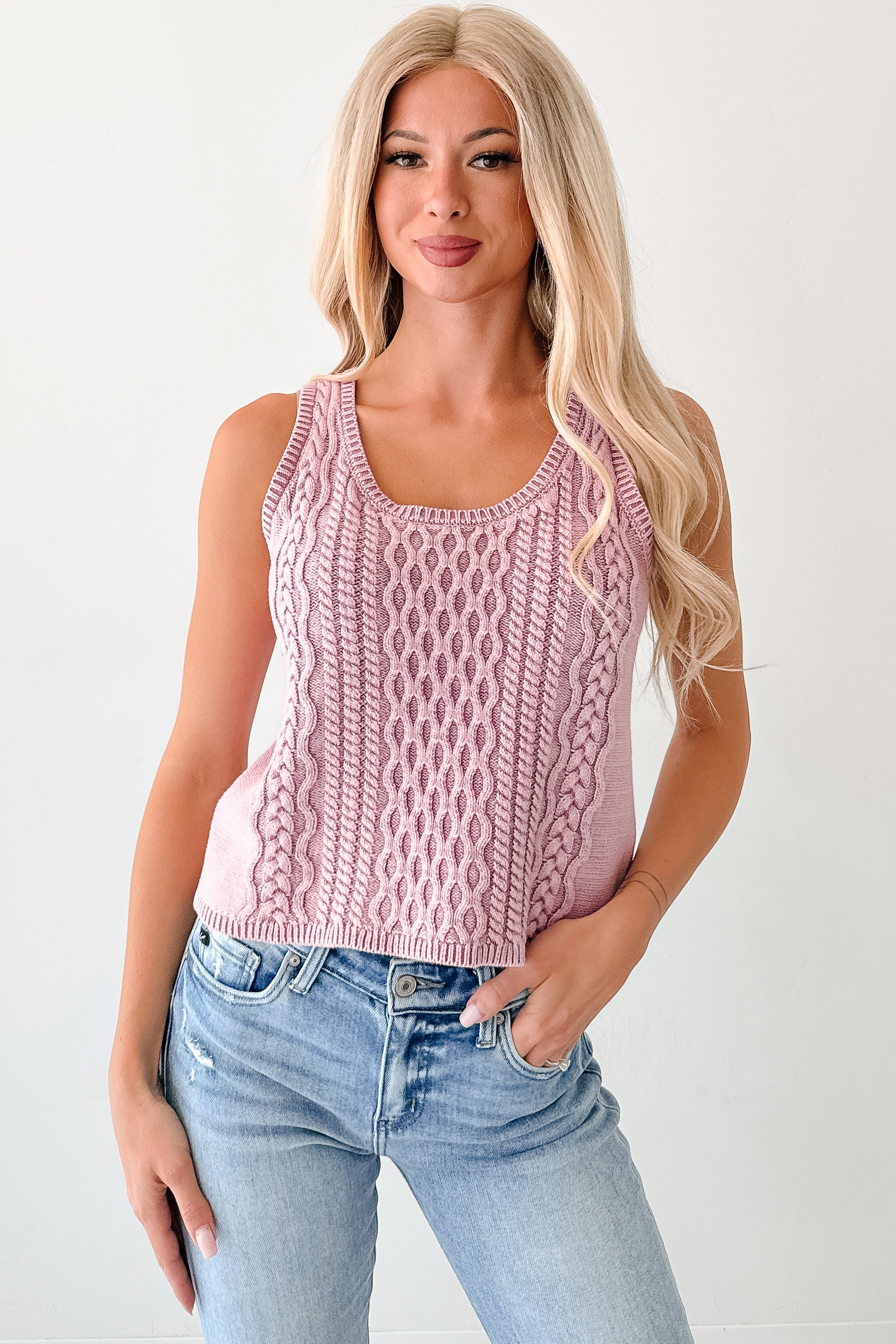 Prioritizing Peace Sleeveless Cable Knit Top (Pink)