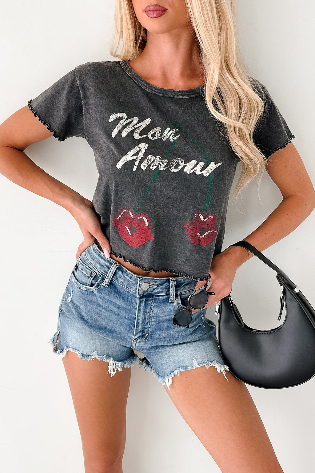 "Mon Amour" Acid Wash Graphic Top (Charcoal)