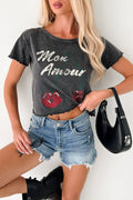 "Mon Amour" Acid Wash Graphic Top (Charcoal)