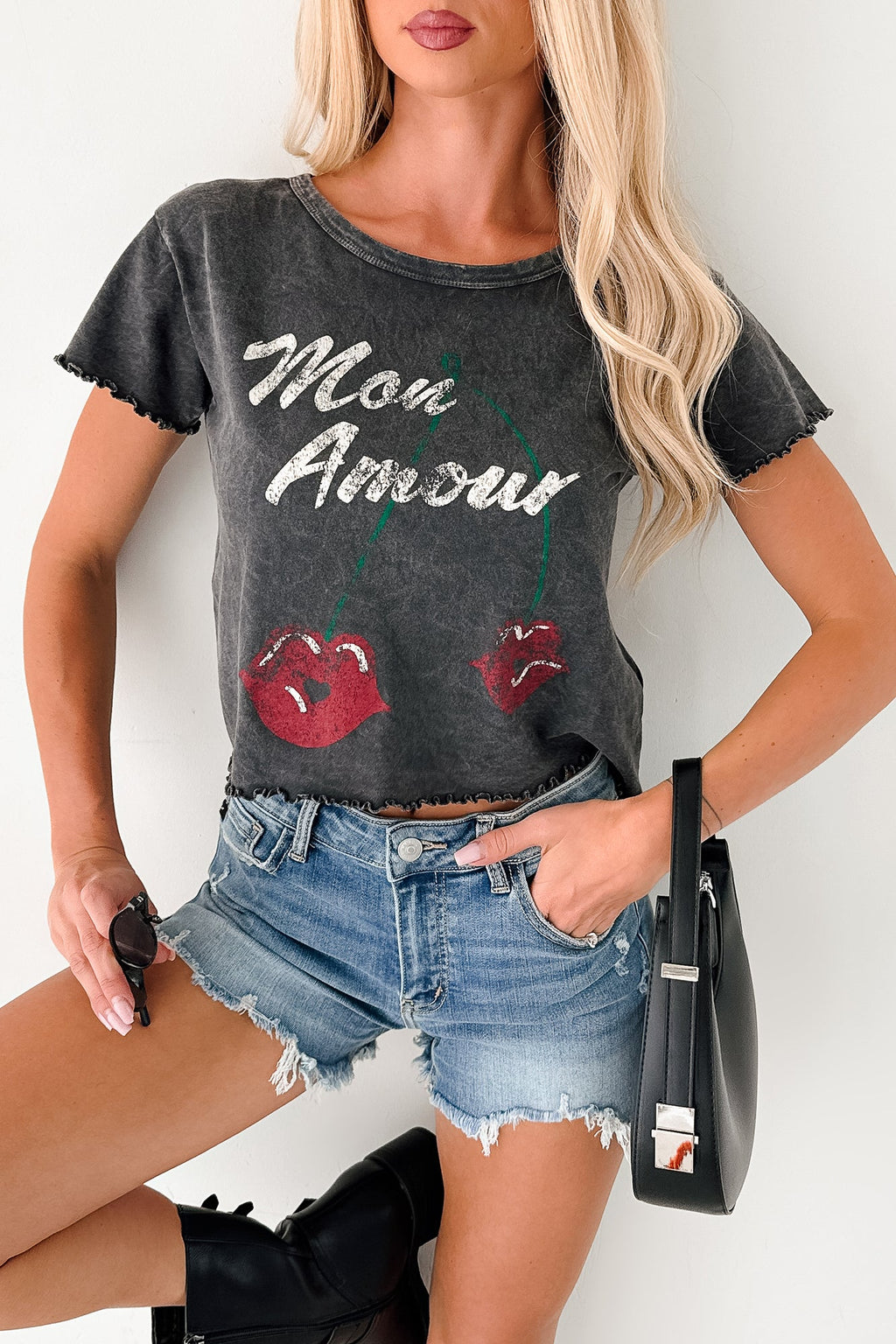 "Mon Amour" Acid Wash Graphic Top (Charcoal)
