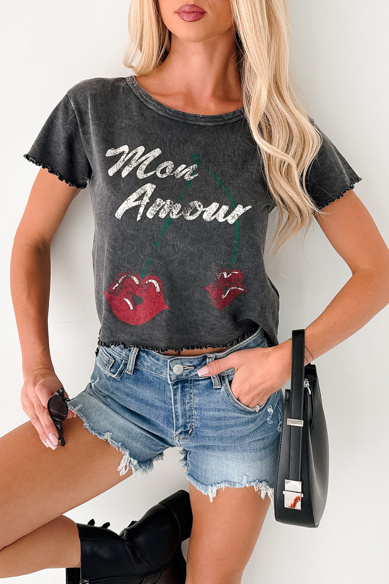 "Mon Amour" Acid Wash Graphic Top (Charcoal)