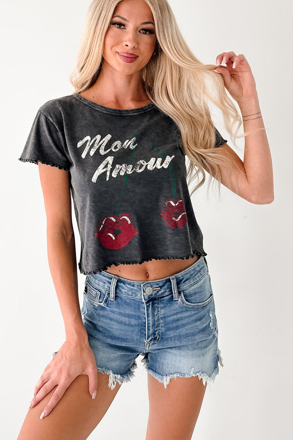 "Mon Amour" Acid Wash Graphic Top (Charcoal)