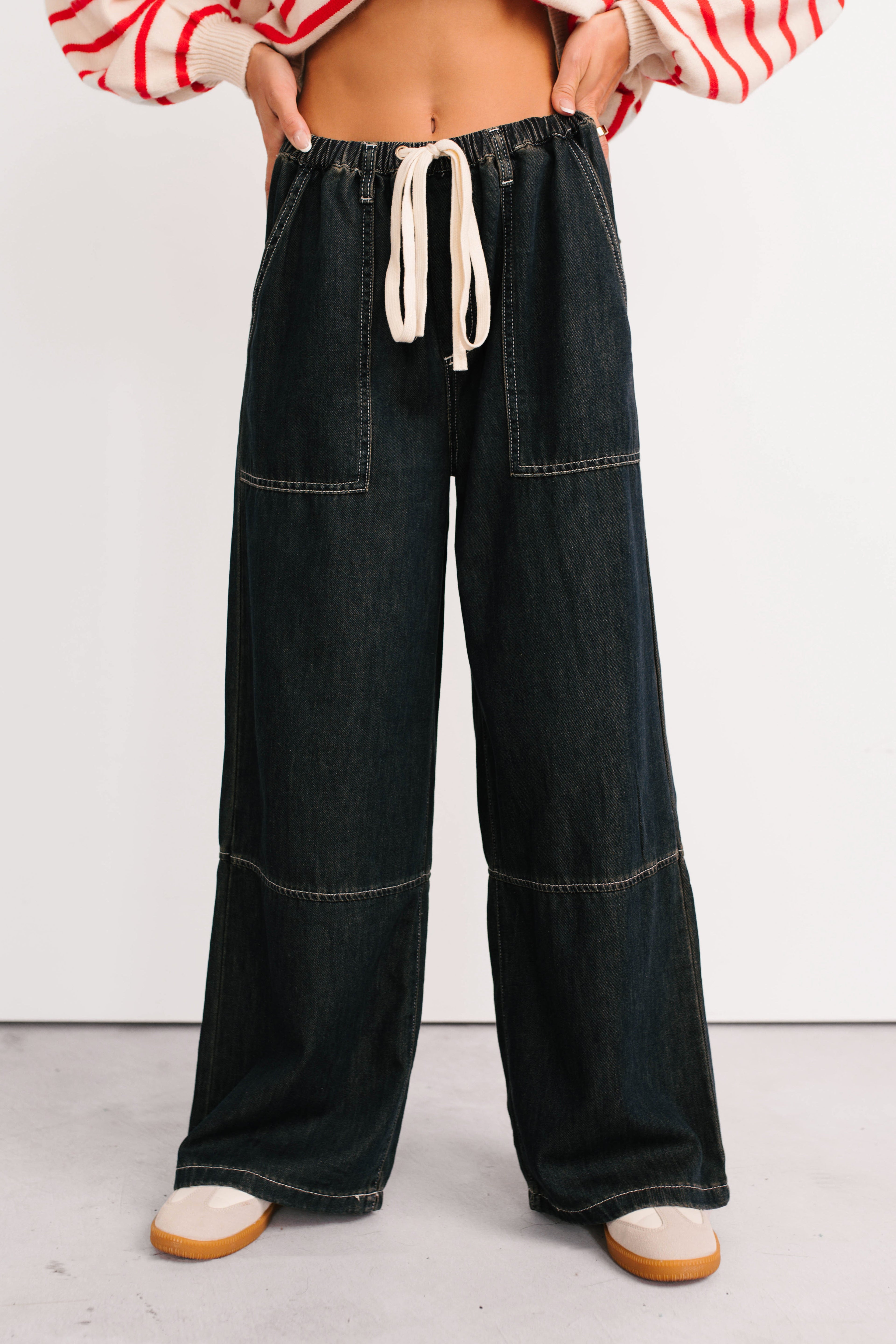 Chill Energy Wide Leg Drawstring Pants (Grey Denim)