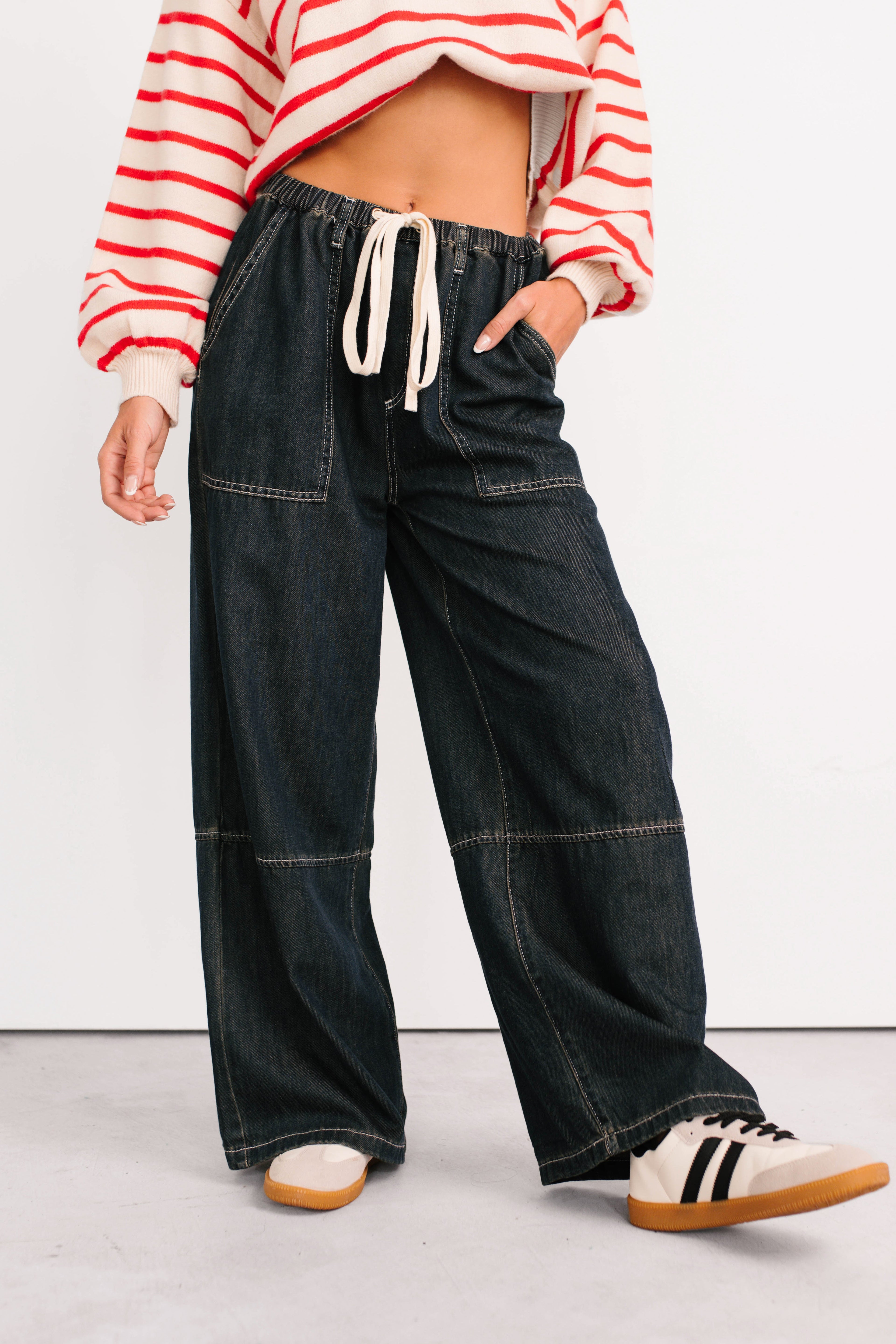 Chill Energy Wide Leg Drawstring Pants (Grey Denim)