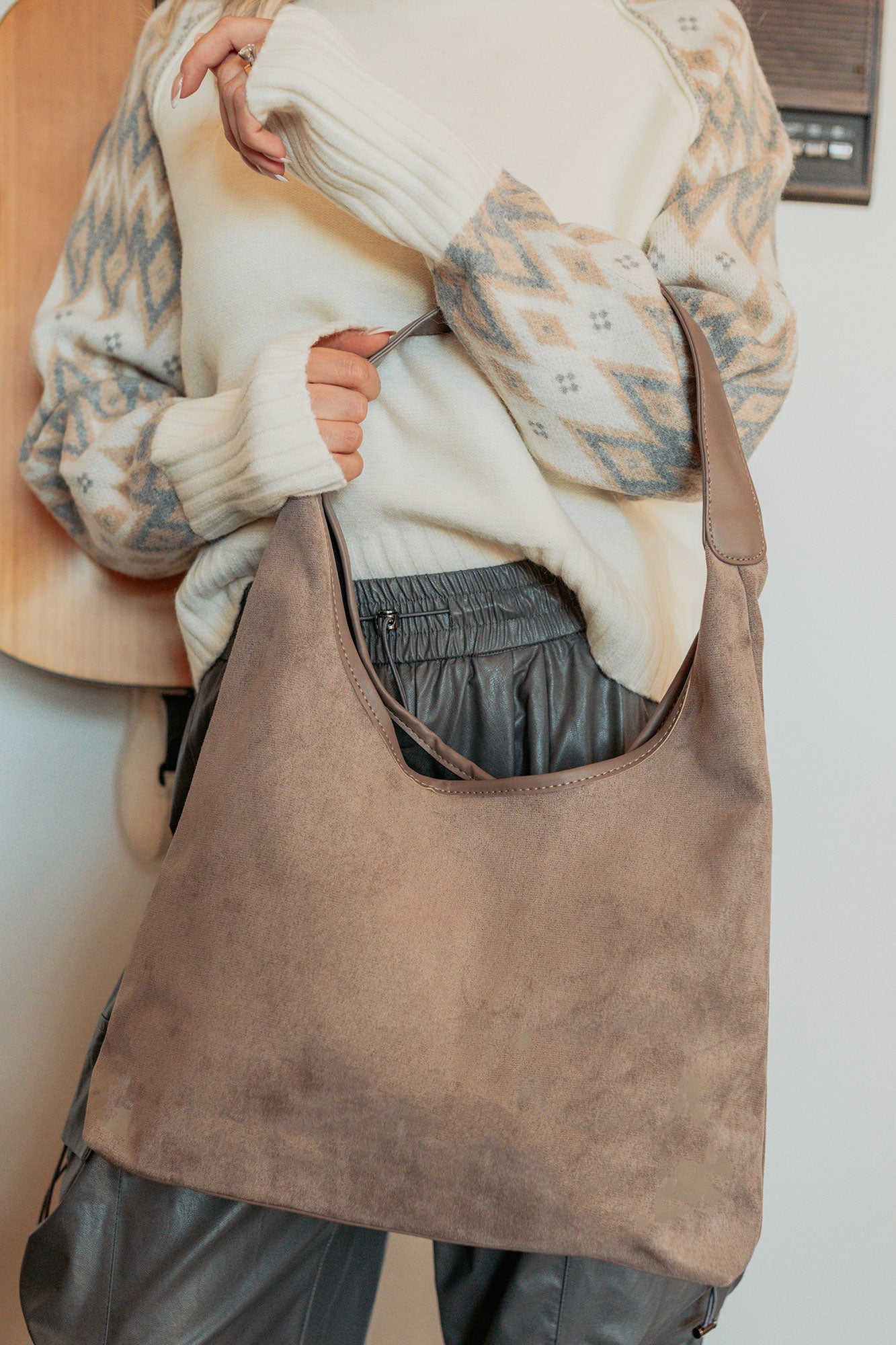 Plain Spoken Faux Suede Leather Trim Bag (Khaki)