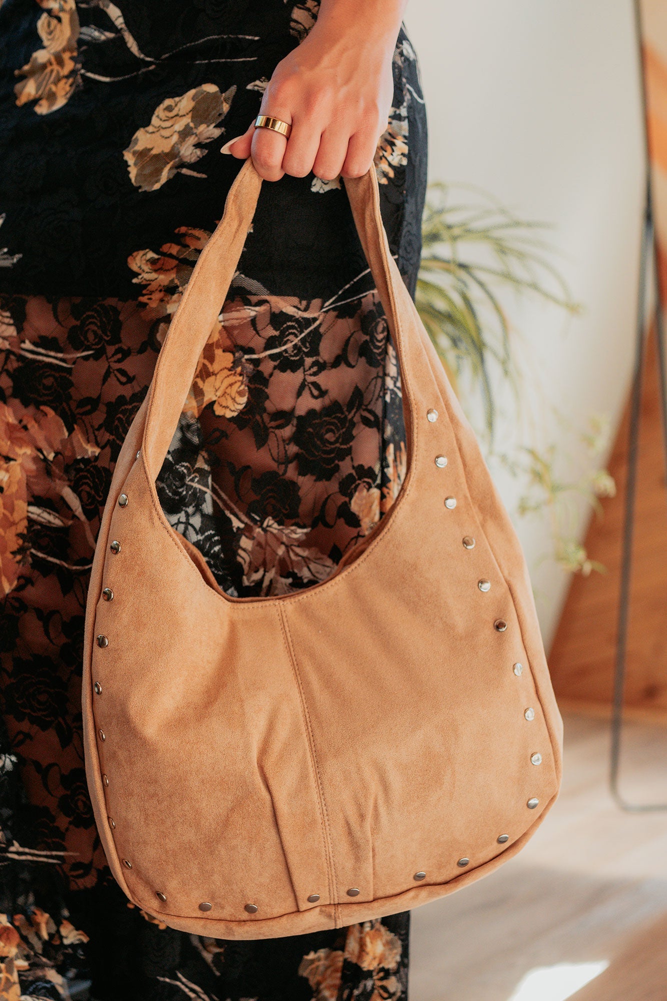 Chic Instinct Faux Suede Studded Handbag (Khaki)