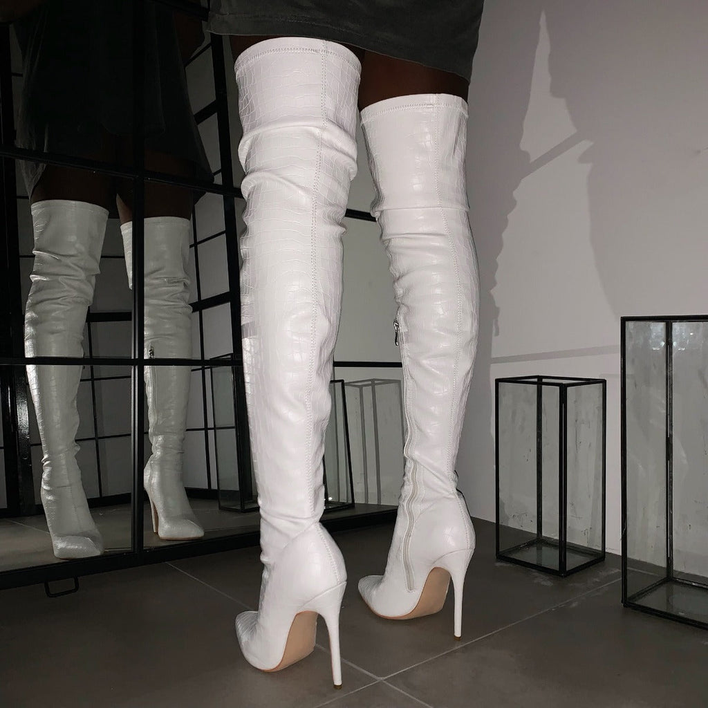 Isabel White Croc Print Thigh High Stiletto Boots