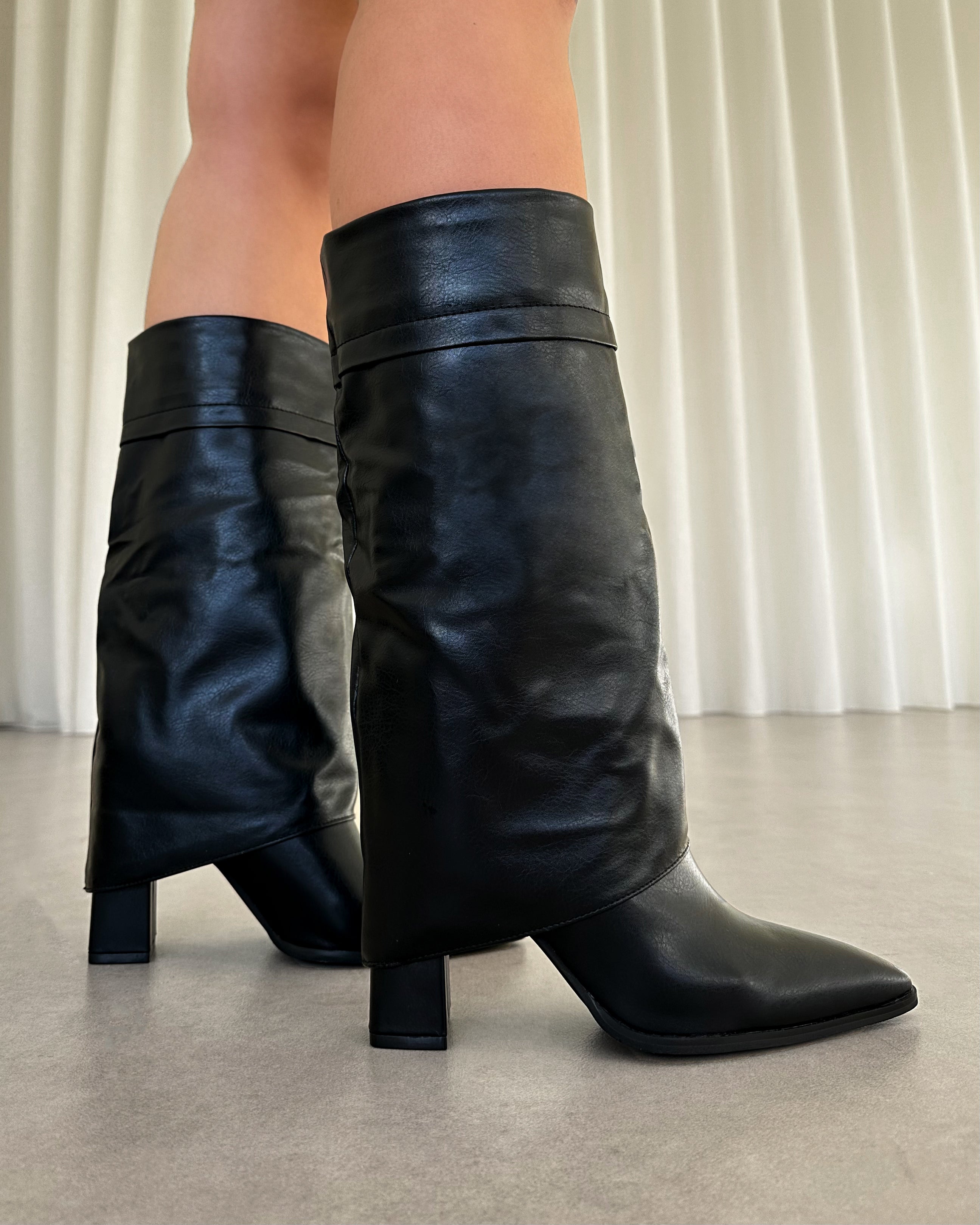 Tamiar Black Fold Over Block Heeled Knee High Boots