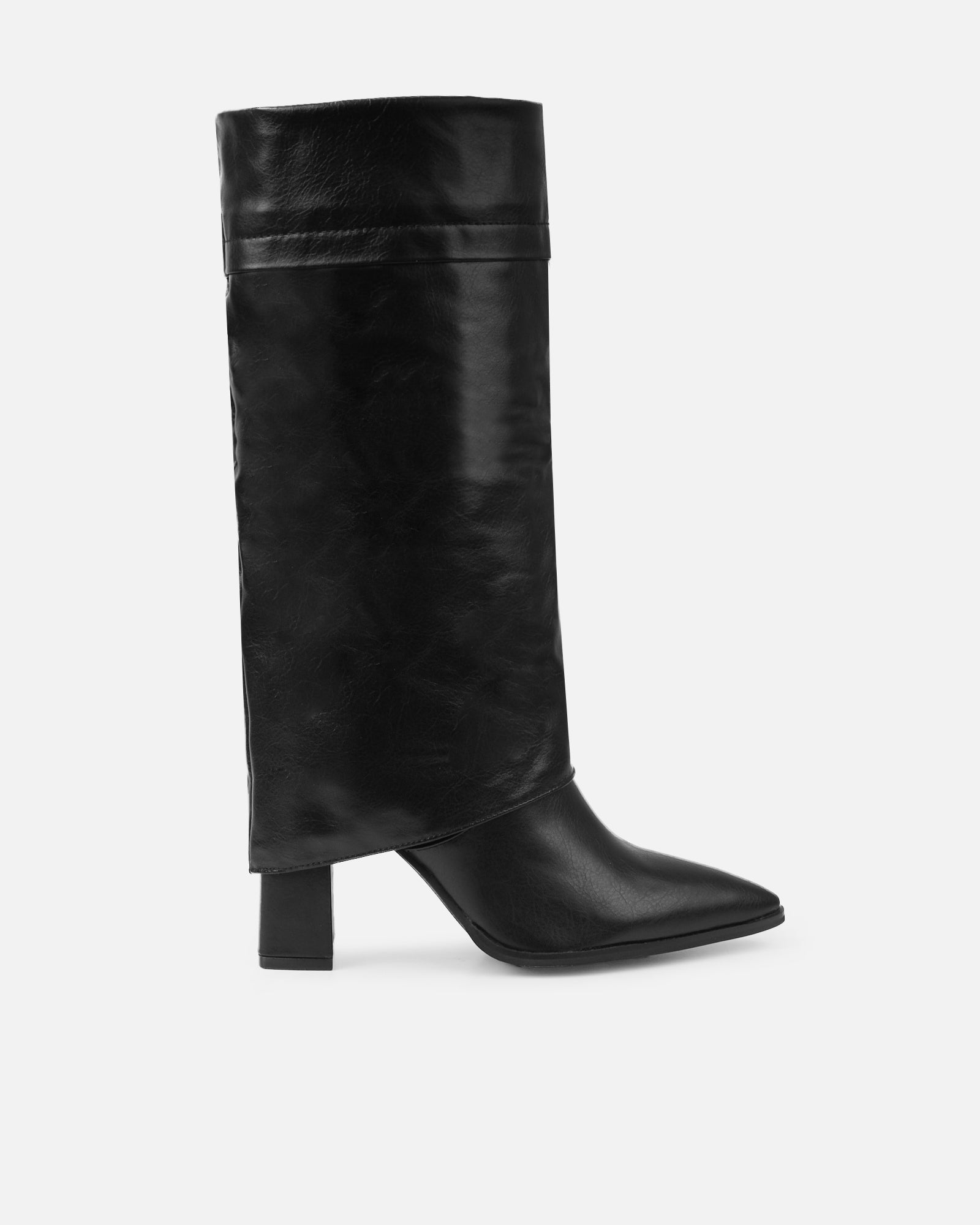 Tamiar Black Fold Over Block Heeled Knee High Boots