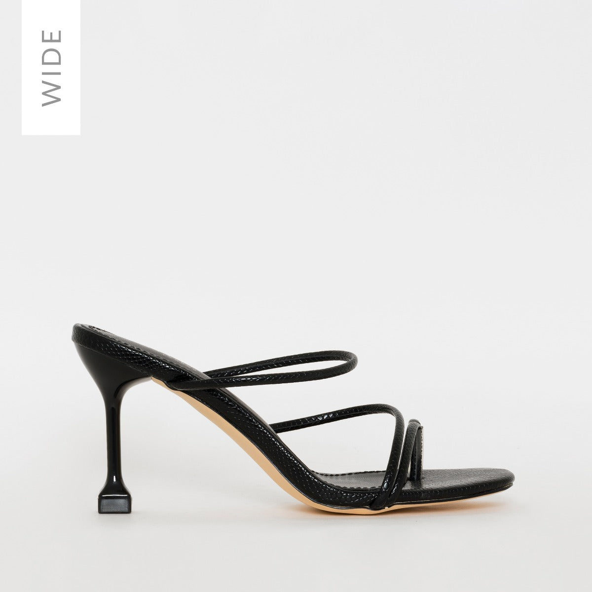 Jada Wide Fit Black Snake Print Strappy Midi Heel Mules