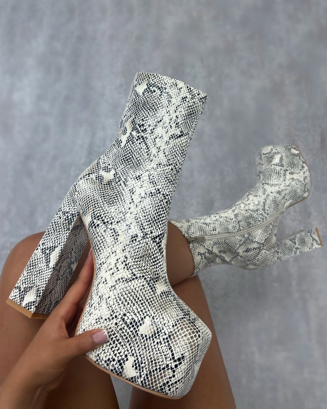 Foster Neutral Faux Snake Print Platform Block Heel Ankle Boots