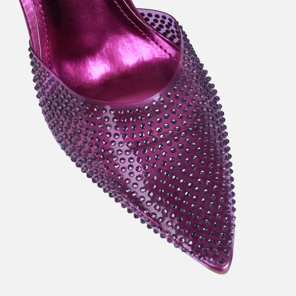 Jessyca Purple Clear Diamante Pointed Stiletto Mules