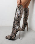 Bentoni Beige Snake Effect Knee Boots