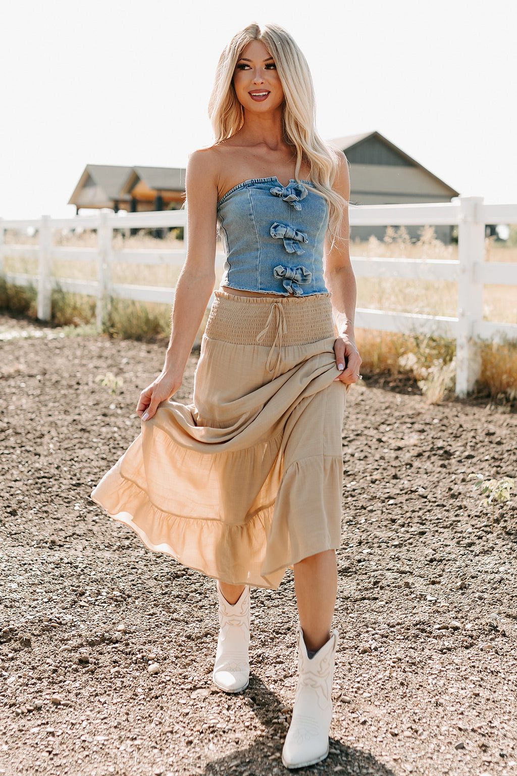 Back To Strangers Denim Bow Front Corset Top (Light Wash)