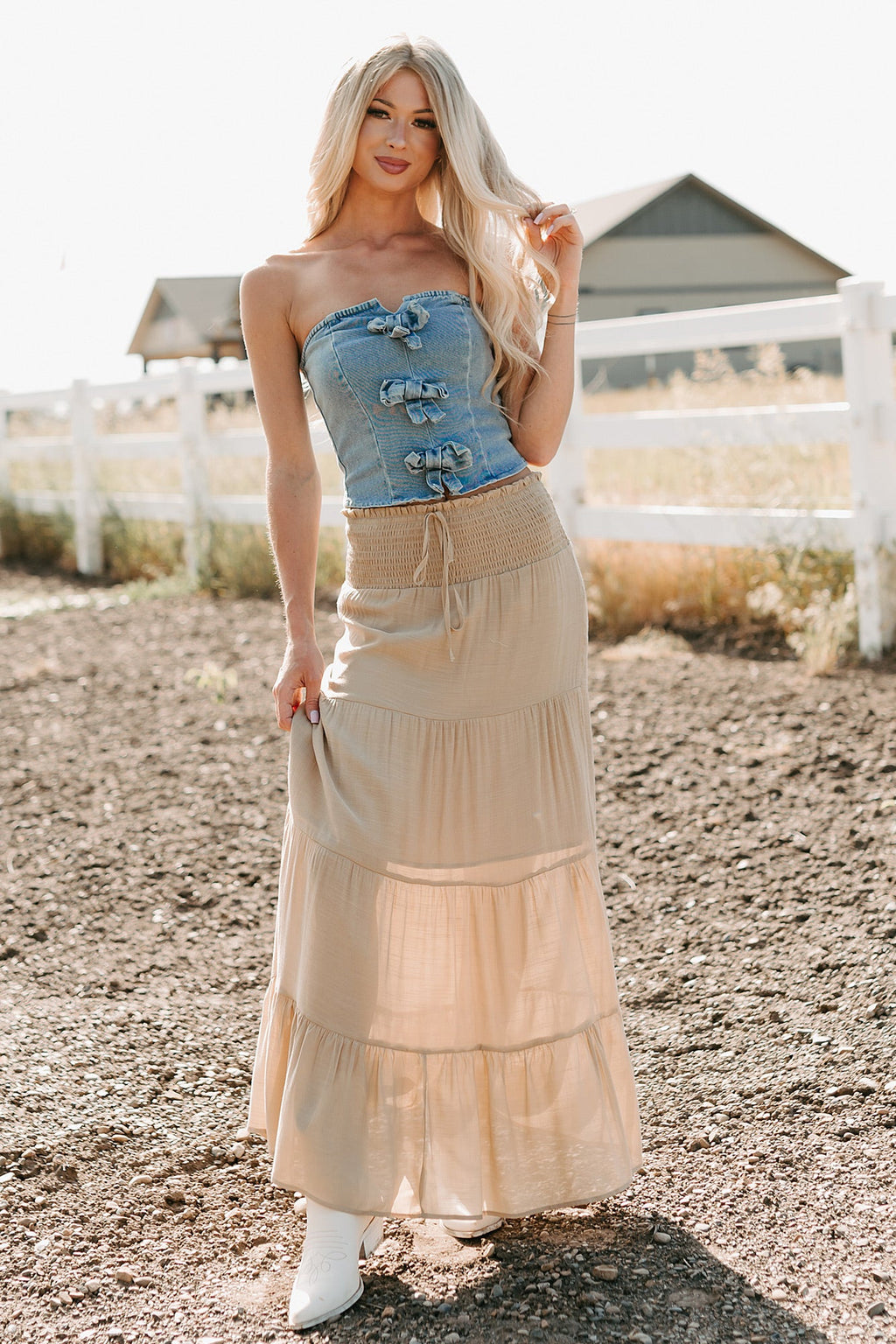 Back To Strangers Denim Bow Front Corset Top (Light Wash)