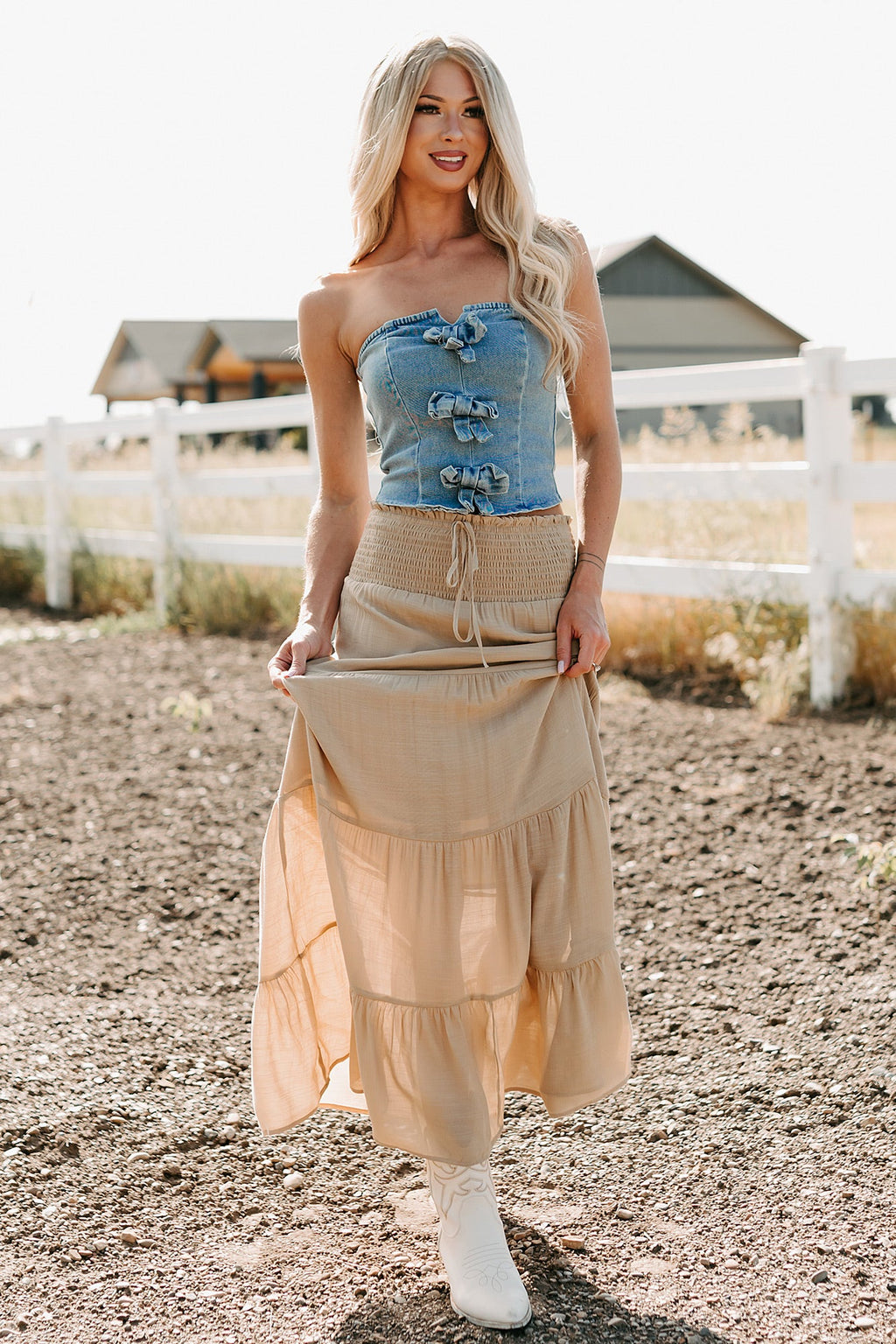 Back To Strangers Denim Bow Front Corset Top (Light Wash)