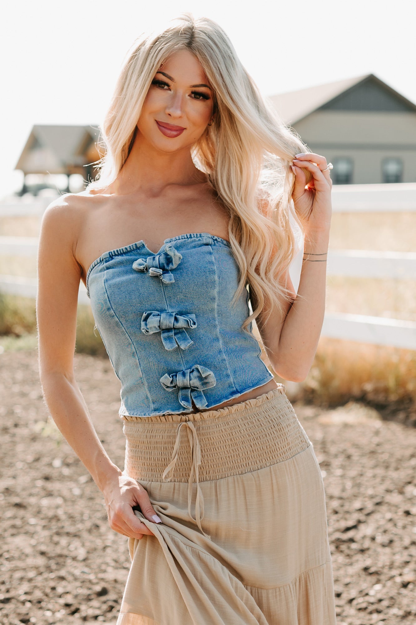 Back To Strangers Denim Bow Front Corset Top (Light Wash)