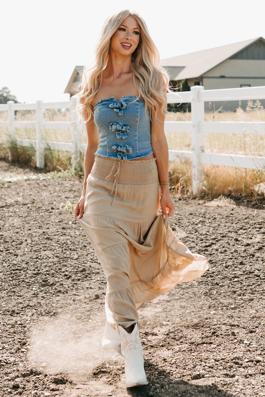 Back To Strangers Denim Bow Front Corset Top (Light Wash)