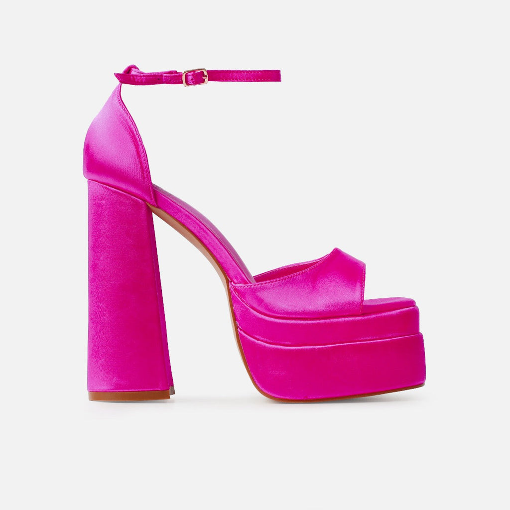 Eira Wide Fit Fuchsia Pink Satin Platform Block Heels