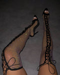 Talitha Black Diamante Mesh Lace Up Thigh High Heels