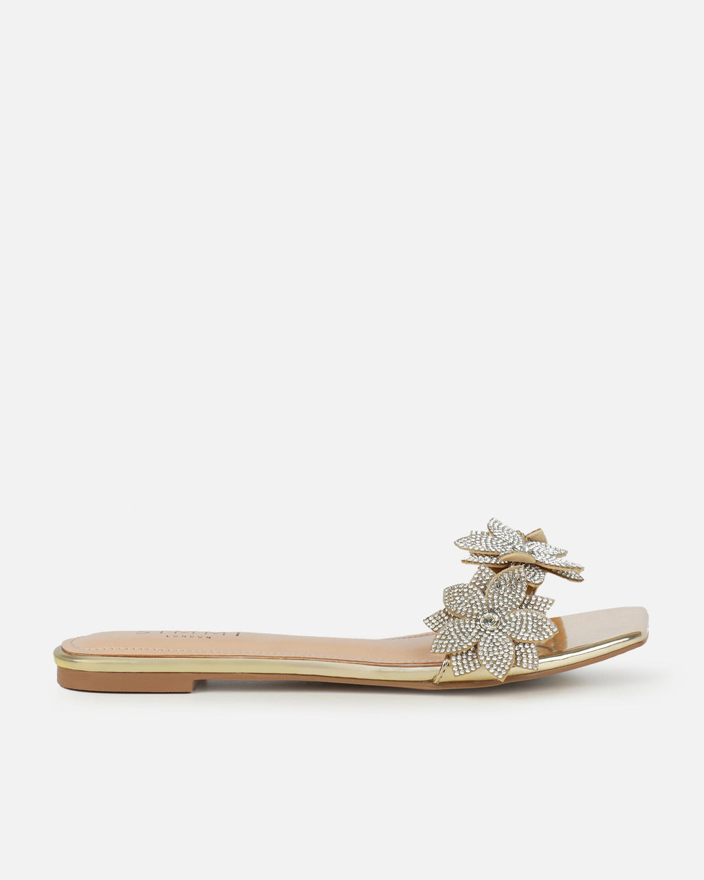 Abbie Gold Mirror Flower Diamante Flat Sandals
