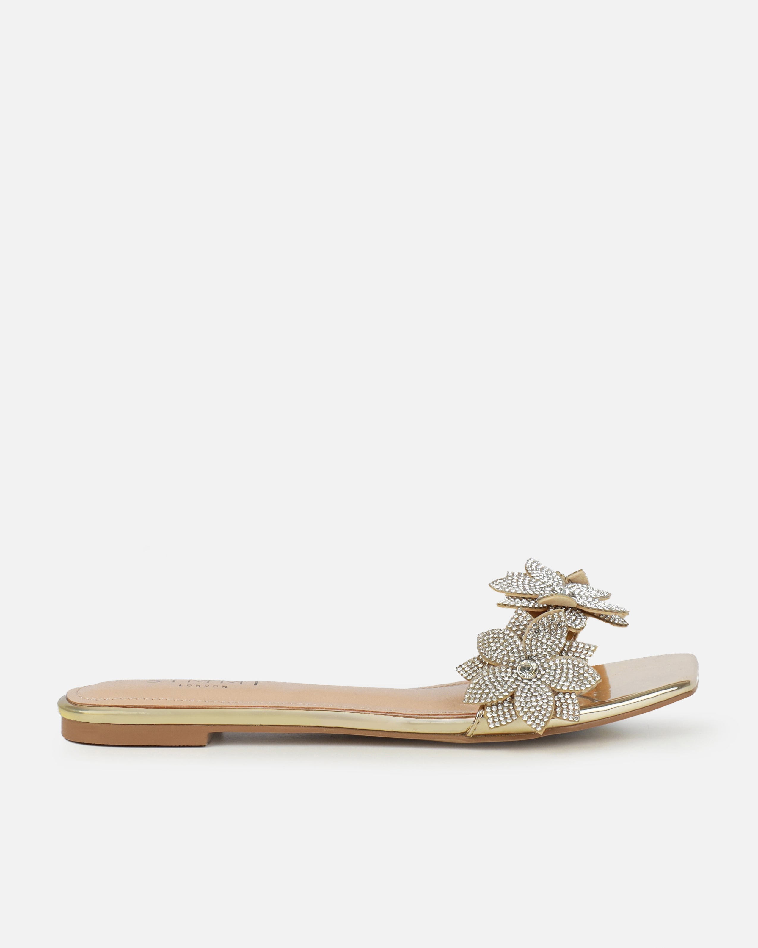 Abbie Gold Mirror Flower Diamante Flat Sandals