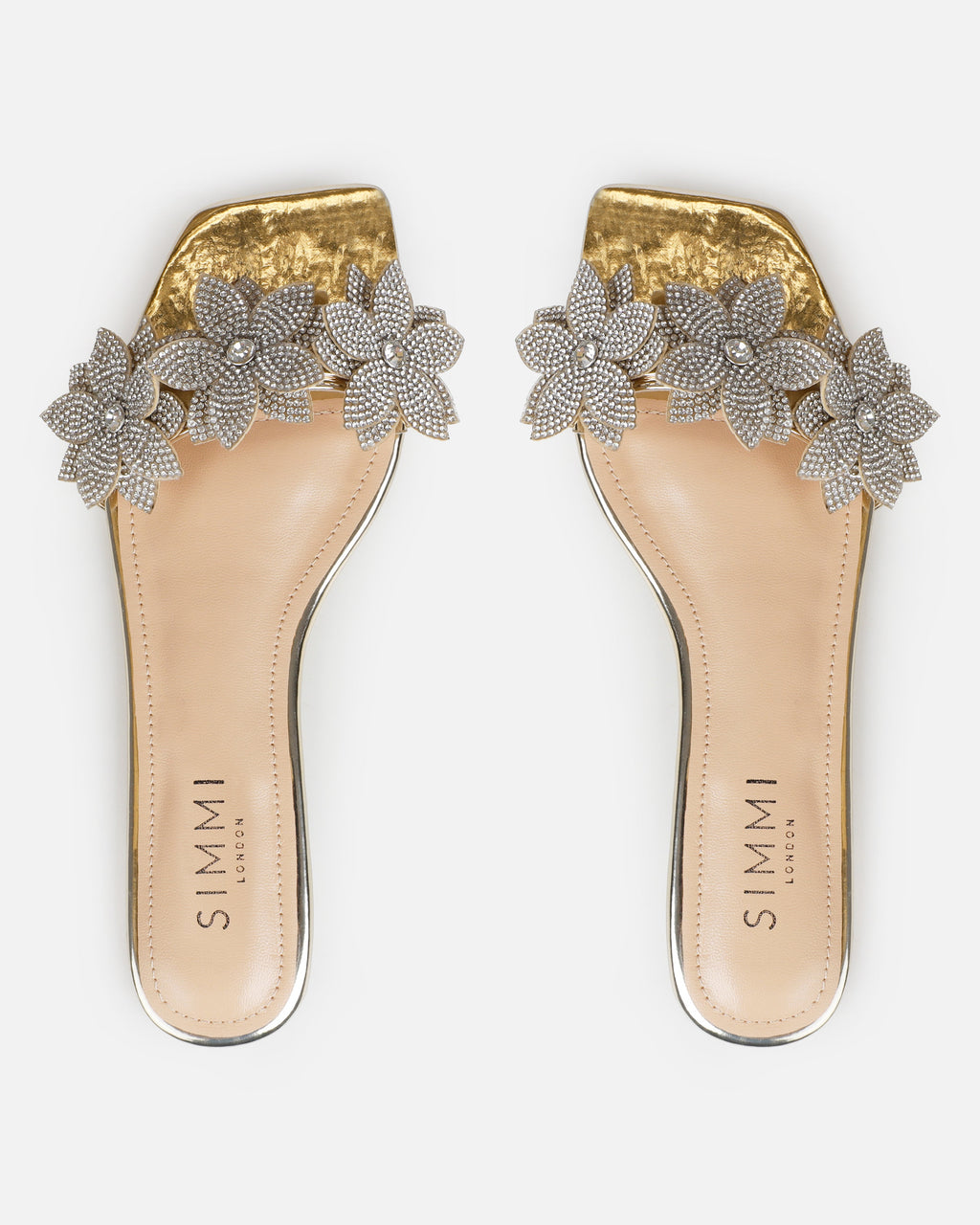 Abbie Gold Mirror Flower Diamante Flat Sandals