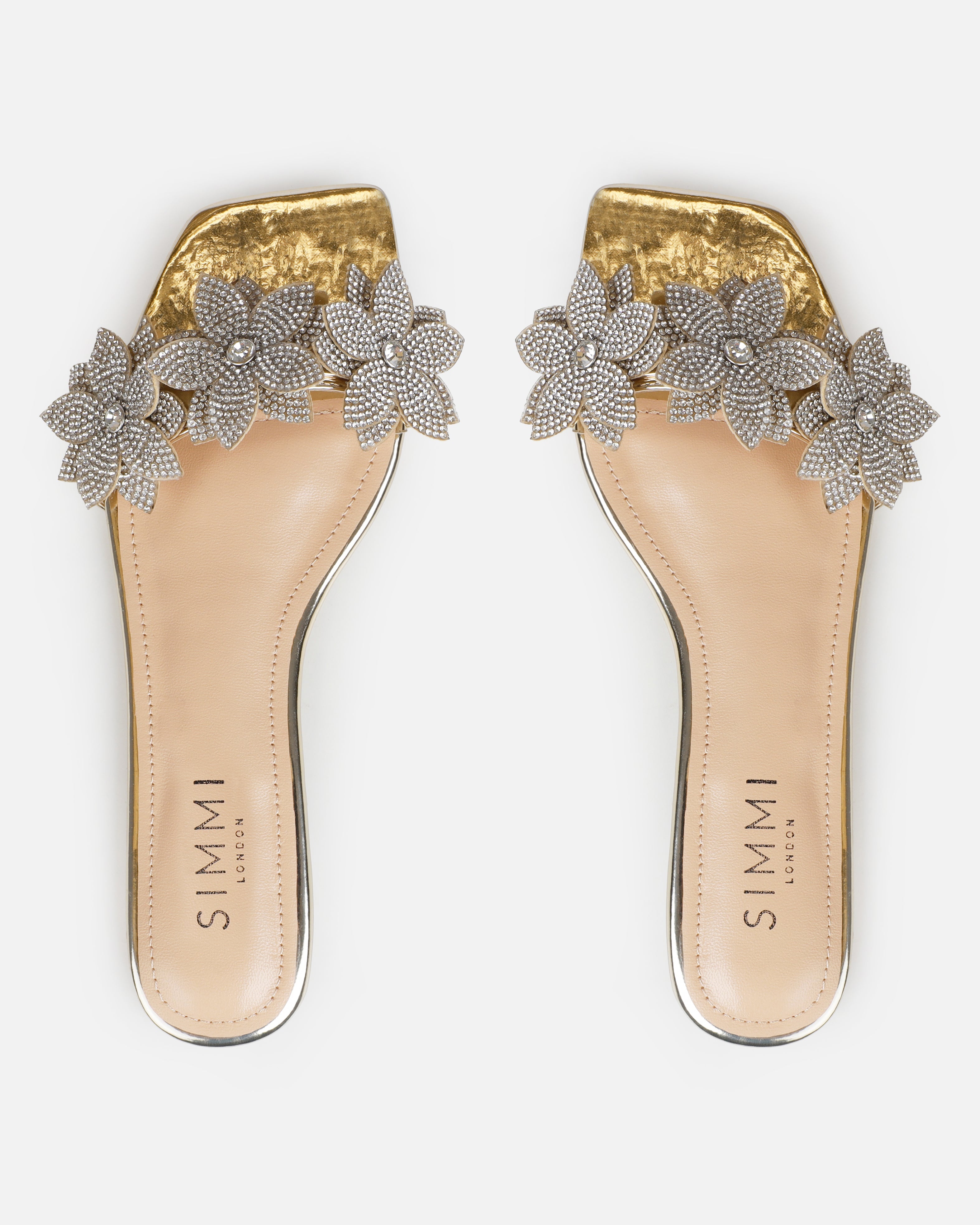 Abbie Gold Mirror Flower Diamante Flat Sandals