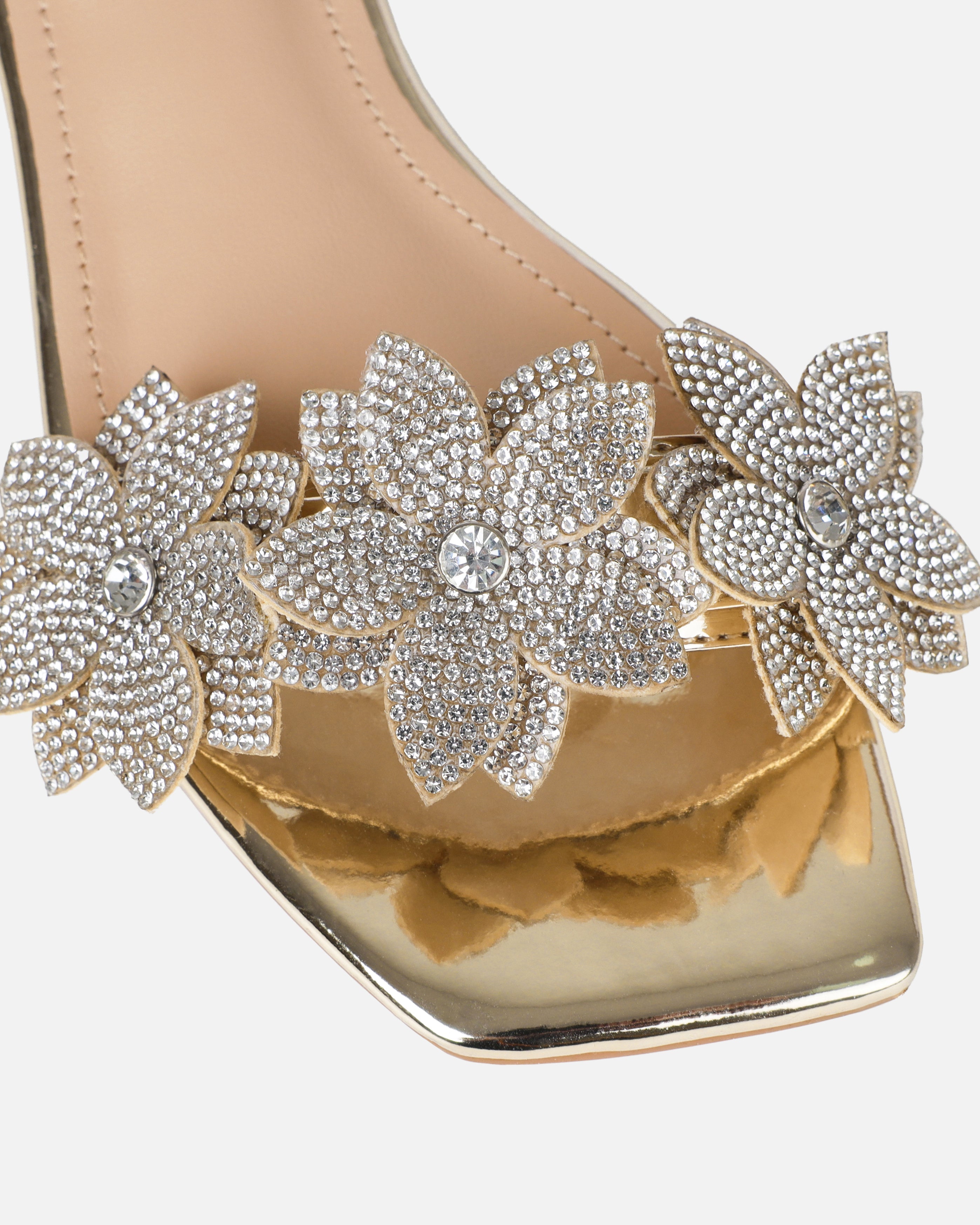 Abbie Gold Mirror Flower Diamante Flat Sandals