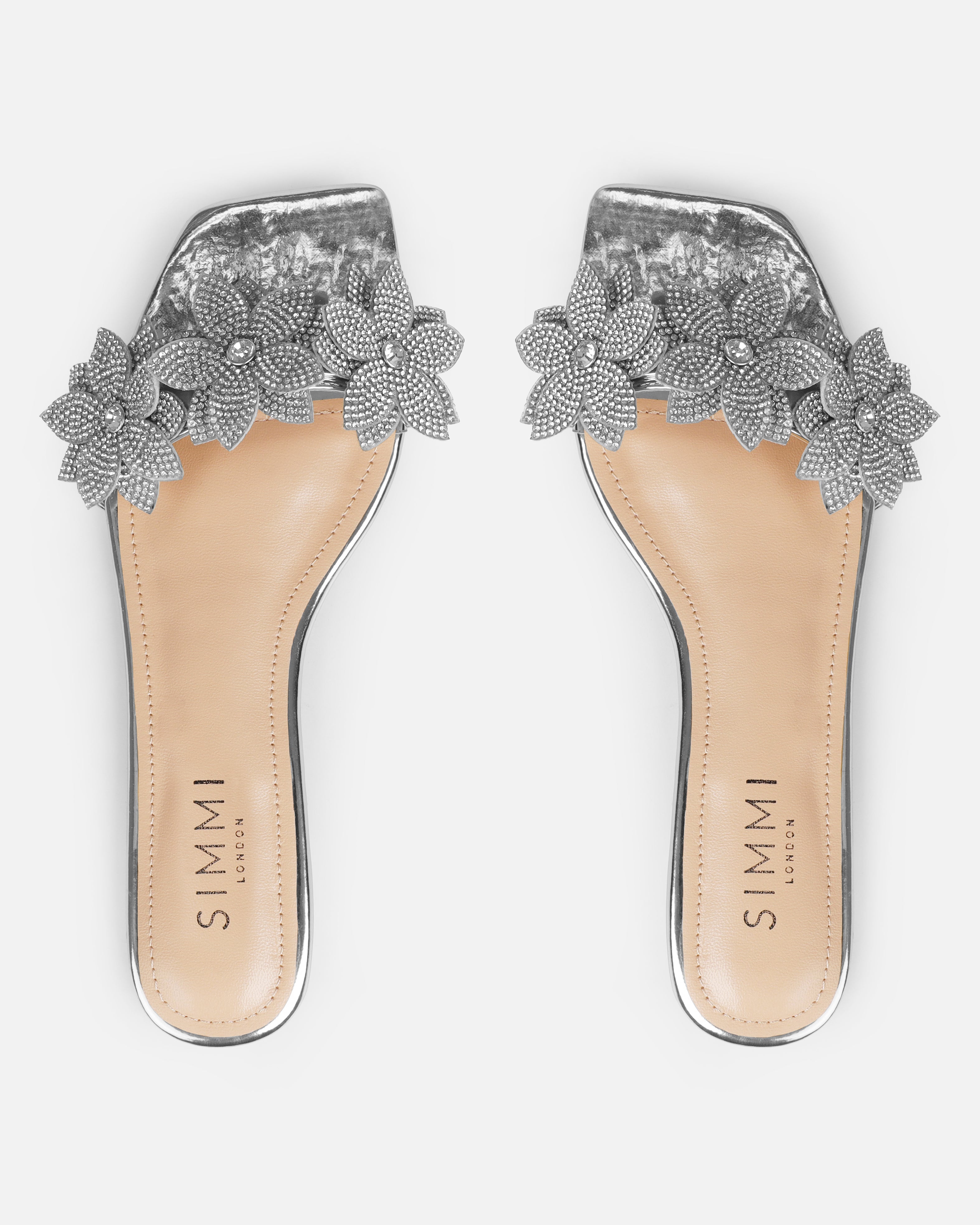 Abbie Silver Mirror Flower Diamante Flat Sandals